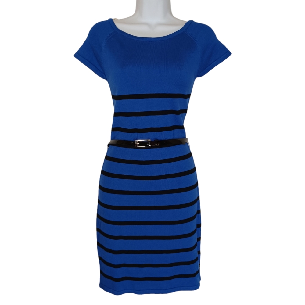 COOL ATTITUDE Royal Blue Black Stripe Short Sleeve Belted Knit Dress M NWT